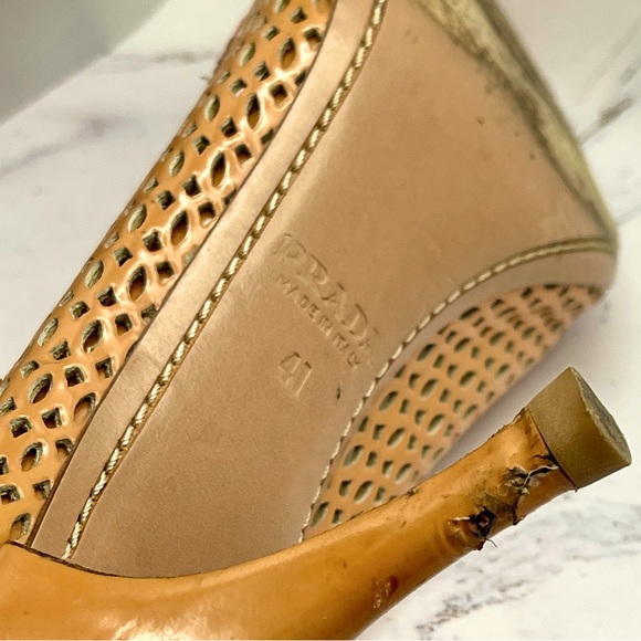 Prada Women's Tan Leather Peep Toe Pump - Picture 9 of 10